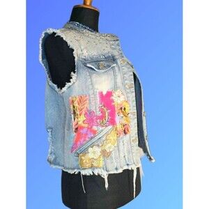 Upcycled BKE Custom Denim Vest Women's Large | Rhinestone Bling & Patchwork Jean